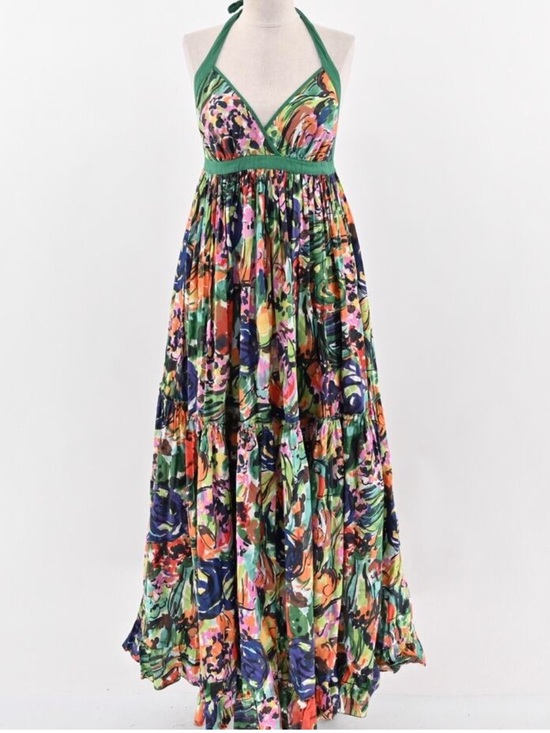 Moda International Dresses & Skirts - Mods International Green Floral Halter Maxi Dress w/ Ruffled Tiered Skirt